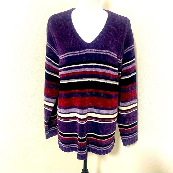 Carolyn Taylor Womens Sweater Plus Size 2X V-Neck Purple Striped Long Sleeve EUC - Picture 1 of 7